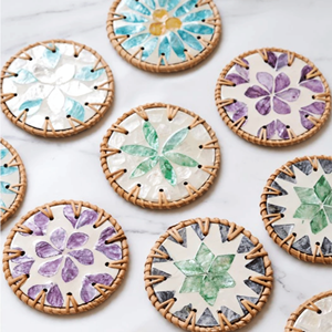 eco-friendly mother of pearl woven rattan <b>placemats</b> and seagrass coasters <b>round</b> shape chargers for vintage living space - Product Image 3