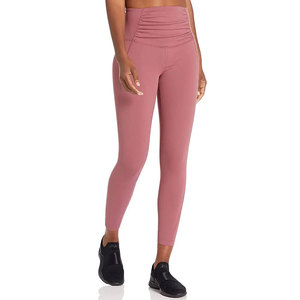 High Waist Ruched Yoga <b>Leggings</b> Full Length Solid Pink Spandex Nylon Tummy Control Shapewear Seamless Elastic Waist Pants - Product Image 4
