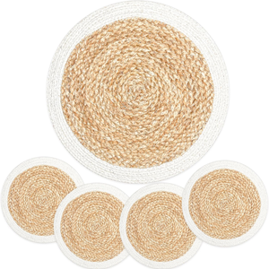 Ensemble de sets de table en rotin couleur naturelle avec bordure blanche, 1 grand et 4 petits dessous-de-verre, style bohème, résistant à l'eau, antidérapant, vaisselle unisexe - Product Image 1
