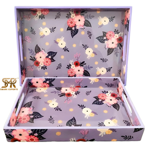 Floral Enamel Printed MDF Serving Tray Set Lavender Design Wooden Tray with Handles <b>Decorative</b> Dining Table Home Decor Gift - Product Image 1