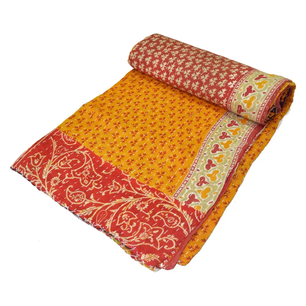 Trapunta kantha indiana coperta fatta a mano con stampa a blocchi coperta in cotone cucito a mano copriletto kantha copriletto reversibile KQSP208
