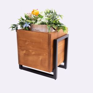Modern Wooden <b>Planter</b> <b>Box</b> with Metal Stand Indoor Outdoor Decorative Flower Pot Holder - Product Image 1