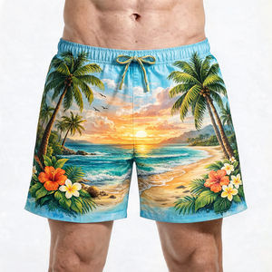 Short de bain pour homme bleu marine à imprimé étoiles dorées avec vagues turquoise, taille élastique, séchage rapide, style décontracté - Product Image 3