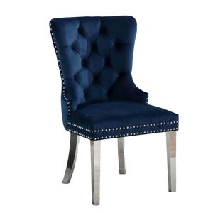 Set di 2 Sedie da Pranzo Contemporanee con Schienale Alto, Rivestite in Flanella Blu, con Bottoni Trapuntati - Product Image 2