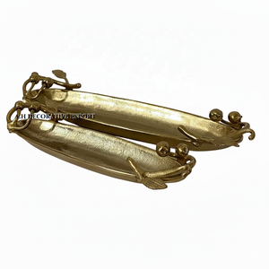 Bol long décoratif en métal doré pour fête de mariage, poignée en feuille polie, plateaux à apéritif, vaisselle de service écologique pour restaurant gastronomique - Product Image 2