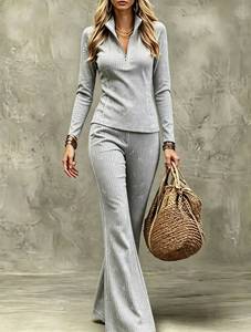 Women's 2 Piece <b>Long</b> <b>Set</b> Zip Up Stand Collar <b>Top</b> <b>And</b> Flare Pants Striped Casual Outfit - Product Image 5
