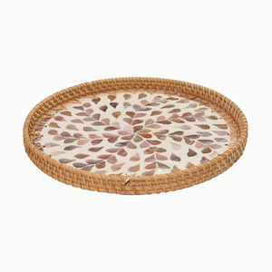 Bandeja Redonda de Ratán y Madera con Incrustaciones Florales de Madreperla, Bandeja Decorativa Hecha a Mano para Uso Residencial, Decoración y Regalos - Product Image 4
