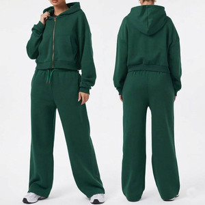 Women Solid Color <b>Cropped</b> <b>Zip</b>-<b>Up</b> Hoodie & Wide-Leg Sweatpants Tracksuit Set Casual Loose Fit Autumn Wear Full Length 100% Cotton - Product Image 6