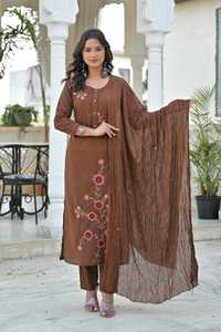 Traditional <b>Indian</b> Women's Brown Cotton Embroidery Knee-Length Quick Dry <b>Kurta</b> with Pant and Dupatta Loose Fit Diwali Wear - Product Image 3