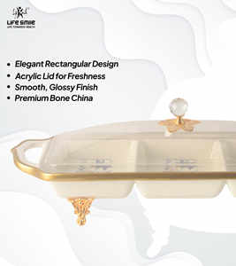 Moderno Plato de Servir de Porcelana Blanca con Diseño de 3 Secciones, Borde Dorado, Tapa Transparente y Base Dorada - Product Image 3