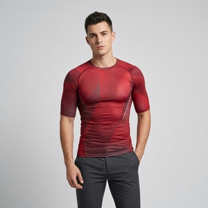 Men's Red Geometric Pattern Short Sleeve Compression Shirt O-Neck Quick Dry Slim Fit Sporty Athletic Performance Top - Product Image 1
