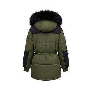 Manteau d'hiver long matelassé en polyester noir olive personnalisé pour femme avec capuche en fourrure et poches - Product Image 2