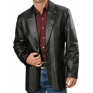Men Black <b>Leather</b> <b>Blazer</b> Single Breasted Notched Collar Regular Fit Full Length Sleeve American Style <b>Jacket</b> - Product Image 1