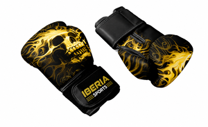 ถุงมือชกมวย IBERIA รุ่นพรีเมียมสีดำ ลายหัวกะโหลกเปลวไฟสีทอง ถุงมือฝึกซ้อม หนัง PU รับทำโลโก้ตามสั่ง ขายส่งอุปกรณ์กีฬา - Product Image 4