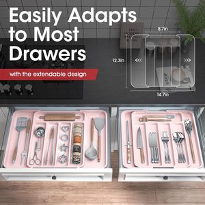 Organisateur de couverts ajustable et extensible pour tiroir de cuisine, pour fourchettes et couteaux, organisateur de tiroir multifonctionnel - Product Image 2