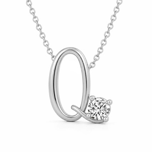 <b>Initial</b> Alphabet Q Letter Necklace Comes With Four Prong Set Round Cut Lab Grown Diamond Pretty Clover <b>Chain</b> Wholesale Jewelry - Product Image 1