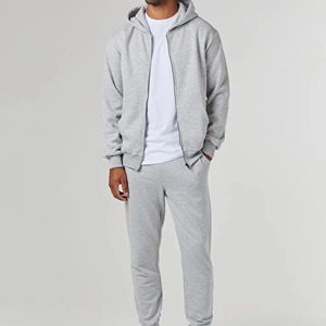 Men's Gray Hooded Tracksuit Full <b>Zip</b> Casual Sporty Style With <b>Side</b> Pockets Autumn Wear Regular Fit Solid Color 100% Cotton - Product Image 1