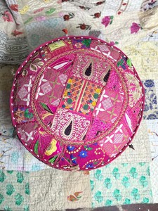 Boho Patchwork Round Pouf Cover Handmade Embroidered ottoman Floor Cushion Seating - Product Image 4