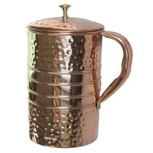 Hammered Copper Pitcher with Lid Curved Handle Cylindrical Body Decorative Bands Traditional Handcrafted <b>Jug</b> Elegant Water - Product Image 1