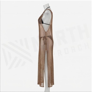Maillot de bain femme en maille, col halter, couleur unie, tricoté extensible, avec bas de bikini string ajouré, tenue de plage - Product Image 3