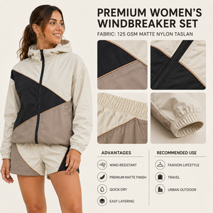 Ensemble short et coupe-vent color block pour femme, léger, respirant, sportif, en polyester tissé, printemps-été, 2 pièces - Product Image 6