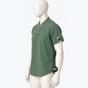 Wholesale Streetwear <b>Mens</b> <b>Green</b> Stand Collar Short Sleeve <b>T</b>-<b>Shirt</b> Custom Logo Travel Regular Fit Casual Woven Solid Color Design - Product Image 3