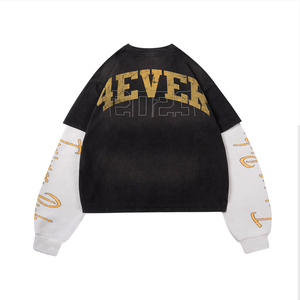 Custom Photo Print Oversized Long Sleeve T-Shirt <b>Men</b> Street Style Cotton O-Neck Knitted Contrast Trim Crop Fit - Product Image 2