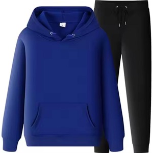 Sweat-shirt à capuche bleu marine unisexe avec poches latérales et pantalon à cordon noir, ensemble décontracté pour adultes, vêtements d'automne - Product Image 5
