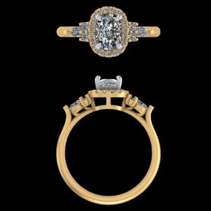 Impresionante Anillo de Compromiso con Halo de Diamantes de Corte Ovalado y Piedras Laterales en Racimo, Banda de Boda de Dos Tonos de Oro para Mujer - Product Image 3