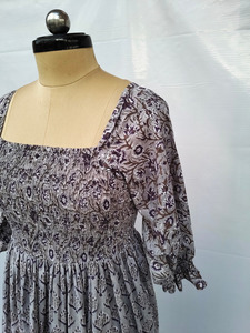 Ladies Grey Black Printed Smocking <b>Dress</b> Square Neck Puff Sleeve Midi Length Casual Cotton Summer A-Line Silhouette Breathable - Product Image 4