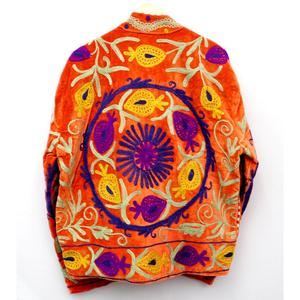 Orange Velvet Embroidered Bohemian <b>Coat</b> Mandarin Collar Three Quarter Sleeve Handcrafted Floral Pattern Autumn Wear Reversible - Product Image 6