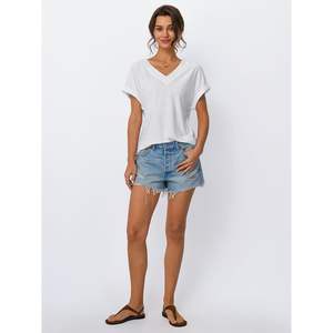 2025 camisetas con cuello en V para mujer, bonitas camisetas informales de verano y primavera, bordado de ojales, moda de vacaciones en la playa, ropa transpirable XS - Product Image 5