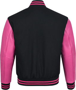 เสื้อแจ็คเก็ตวาร์ซิตี้สีดำชมพูสำหรับผู้ชาย แขนหนัง PU ปกคอพับแบบลำลอง ติดกระดุมแถวเดียว สไตล์ฤดูใบไม้ร่วง - Product Image 3