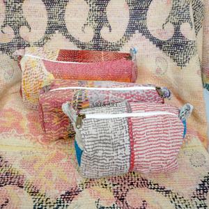 100% Pure Cotton Kantha Fabric Tassel Pattern Zipper Closure Eco-Friendly Durable Large Makeup Bag <b>Pouch</b> Set Soft Handle - Product Image 4