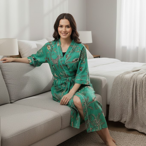 Bata de Baño de Algodón con Estampado de Selva, Larga, Cuello en V, Tipo Kimono, con Cintura Ajustable, Mangas Largas, Bata Tropical para Mujer - Product Image 3