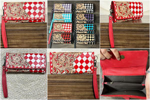 Portefeuille long à motif floral et à carreaux en cuir de vachette repoussé, style bohème vintage, avec dragonne, pour usage quotidien – Collection Mars 2026 - Product Image 3