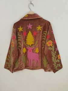 Blouson bomber en velours fait main, motif animalier Suzani, écologique, réversible, respirant, court, style bohème avec broderie florale - Product Image 6