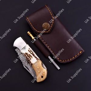 Cuchillo Plegable Multifuncional de Acero de Damasco Hecho a Mano con Bloqueo Trasero, Mango de Hueso de Camello y Asta de Ciervo, Hoja de Grado Industrial con Punta Caída, OEM - Product Image 3
