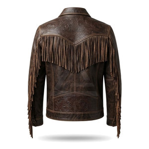 <b>Western</b> Style Leather <b>Jacket</b> For Men Fringe Embossed Cowboy Outerwear For Casual Streetwear Travel And Outdoor Fashion - Product Image 2