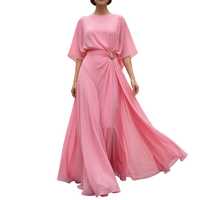 Robe longue drapée en mousseline de soie rose quartz, taille brossée or, coupe évasée fluide, style grec, rose pastel, écologique