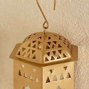Artisan Gold Metal <b>Moroccan</b> Hanging Lantern with Glass Panels Decorative Candle Holder for Ramadan Home Garden <b>Decor</b> - Product Image 4
