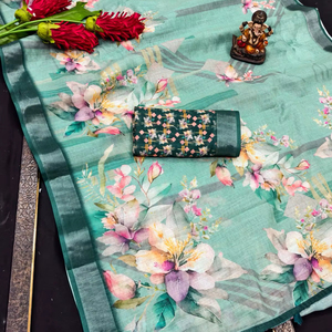 Saris en coton lin de qualité supérieure et riche, imprimés numériquement - Product Image 1