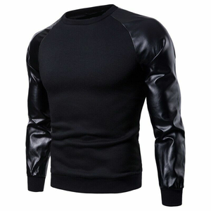 Sweat-shirts noirs unis avec manches en cuir, coupe classique, automne-hiver, en molleton épais, manches en cuir - Product Image 4
