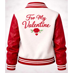 Classic Design Custom Chenille Patches Embroidery Valentines Day Gift Letterman Jacket Red and White Romantic Embroidered Varsit - Product Image 4