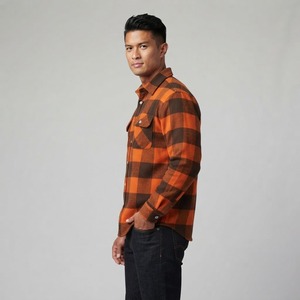 Camisa Casual de Franela a Cuadros Naranja Marrón para Hombre, Manga Larga, Cuello con Botones, para Otoño - Product Image 3