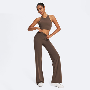 <b>Flared</b> Leg 2 Piece Yoga Set featuring Racerback Crop Top and High Waist Butt Scrunch Pants Gym Fitness Activewear Sets for Women - Product Image 1