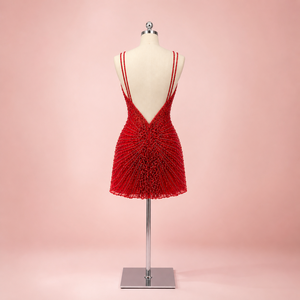 Vestido Mini Rojo de Lujo con Cuentas |   Vestido de Fiesta Ajustado con Escote Profundo en V de Diseñador |   Conjunto de cóctel de noche premium para mujer, estilo de lujo - Product Image 2