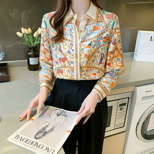 Chemisier Basique pour Femme de Bureau, Col Rabattu, Imprimé Vintage, Hauts Élégants en Chiffon, Blouses Amples Décontractées pour Femmes - Product Image 1