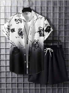 Trajes de Playa de Verano para Hombre, Conjunto Casual de 2 Piezas, Camisa de Manga Corta y Pantalones Cortos, Cintura Elástica Holgada, Tejido Transpirable 100% Poliéster - Product Image 2