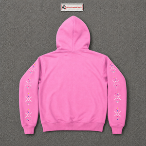 Sudadera con capucha rosa con cremallera y pedrería, estilo streetwear texturizado en relieve, con mangas con cristales multicolor y diseño oversize. - Product Image 6